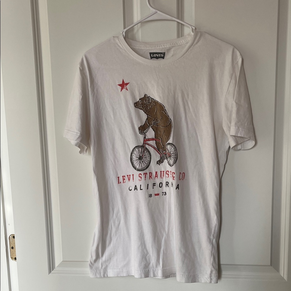 Levi's White T-Shirt with Bear and Bicycle Graphic